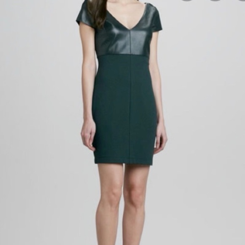 Bailey 44 Black Faux-Leather and Dark Green Sheath Dress
